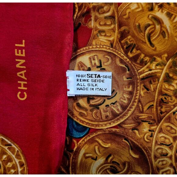 Chanel (Authentic) Red & Gold Jewel Motif 100% Silk Large 34" Vintage Scarf EUC - Picture 6 of 9